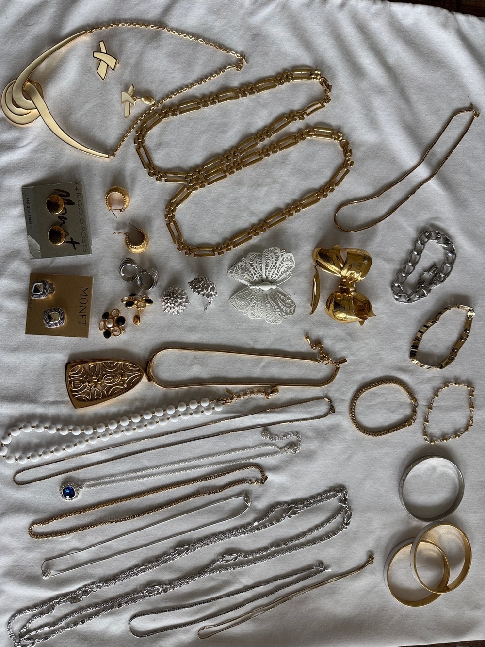 Vtg Monet Pieces - Silver & Gold Tone, white, black, blue.  Neck, brac, pin, ear